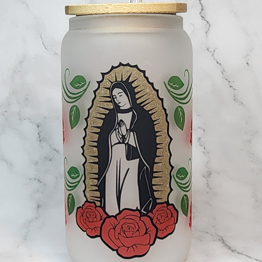 Order#G2 -Glass Cup with lid & Straw-Our Lady of Guadalupe (full wrap)