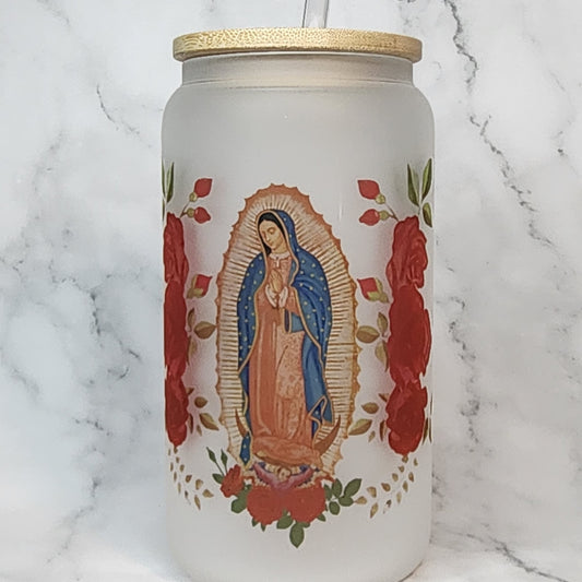 Order#G1 - Glass Cup with Lid & Straw-Image of Our Lady of Guadalupe Image